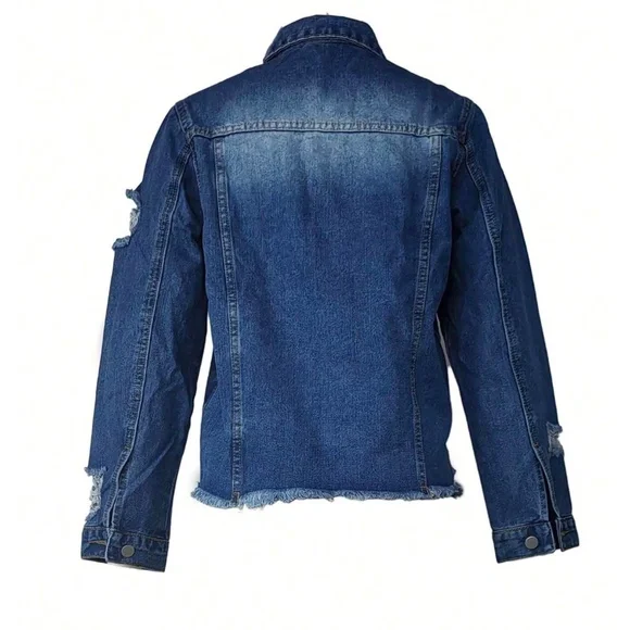 Medium Wash Distressed Frayed Hem Button Jean Jacket - Picture 5 of 6